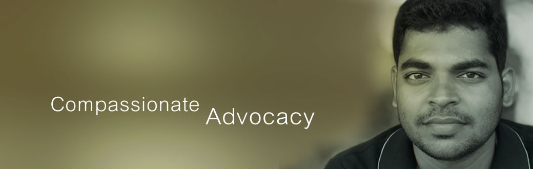 Slider image of young man on gradient tan background with text overlay: Compassionate Advocacy